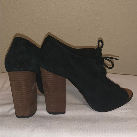 Black suede peep toe, lace up booties - Picture 3 of 5